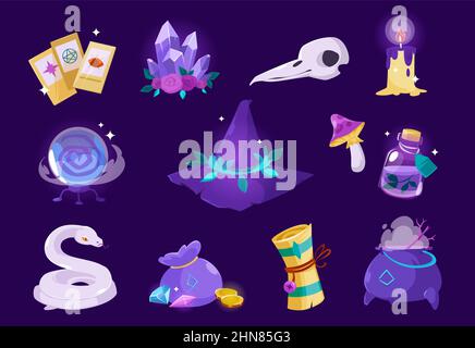 Witch hat, magic crystals, bottle with potion, bird skull, cauldron and tarot cards. Vector cartoon set of esoteric objects, witchcraft equipment, snake, mushroom, candle and scroll with spell Stock Vector