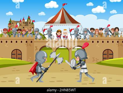 Medieval scene with two knights in armour is fighting  illustration Stock Vector