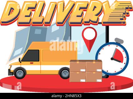 Delivery word logo with yellow panel van  illustration Stock Vector