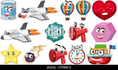 Set of different toy objects with smiley faces illustration Stock Vector