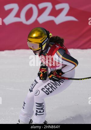 Beijing, China. 15th Feb, 2022. Kira Weidle of Germany reacts after crossing the finish line of the Alpine Skiing Women's Downhill race at the Yanqing National Alpine Skiing Center at the Beijing 2022 Winter Olympics on Tuesday, February 15, 2022. Photo by Paul Hanna/UPI Credit: UPI/Alamy Live News Stock Photo