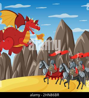 Medieval knights fighting with ancient dragon illustration Stock Vector ...