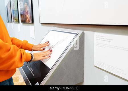 19 October 2021, Moscow, Russia: photography for the visually impaired based on braille text and relief forms at the Golden Turtle photo exhibition Stock Photo
