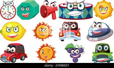 Set of different toy objects with smiley faces illustration Stock Vector