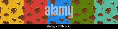 Rusty metal texture with holes, rust game design. Vector seamless background, red, yellow, blue, green and turquoise paints and ferruginous spots on rough metallic surface, Cartoon illustration, set Stock Vector