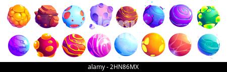 Set of fantastic alien planets, cartoon asteroids, galaxy ui game cosmic world objects, space design elements. Pimpled spheres, comets, moon with craters on surface, plasma and ice Vector illustration Stock Vector