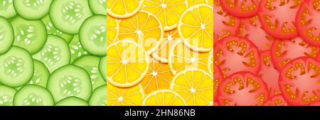 Textures of tomato, lemon and cucumber slices. Seamless patterns with organic food pieces, chopped vegetables. Vector bright backgrounds of cut ripe vegetables for game design Stock Vector