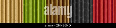 Textures of wall with bamboo sticks. Vector cartoon set of seamless patterns with colored japanese or chinese cane wall. Game backgrounds with tropical plant stems Stock Vector