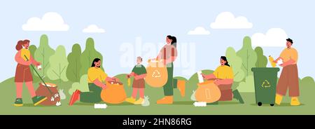 People collect and sorting waste in park. Vector flat illustration of volunteers collecting trash in bags and bin for recycle. Summer landscape with women and men pick plastic and organic rubbish Stock Vector