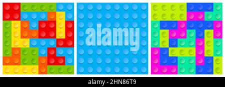Textures of plastic block toy with colorful bricks. Vector cartoon set of seamless patterns of child game for build from geometric pieces. Kids constructor top view illustration Stock Vector