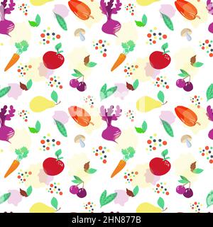 Seamless pattern on a white background. World Food Day. October 16. Vegetables and fruits, mushrooms, herbs and spices. Suitable for textiles and pack Stock Vector