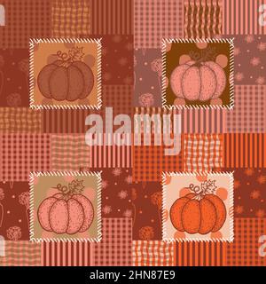Patchwork seamless pattern. Different color palettes. Pumpkin, carrots, stripes, cage, flowers and peas. Ornaments in bright colors. Vector illustrati Stock Vector