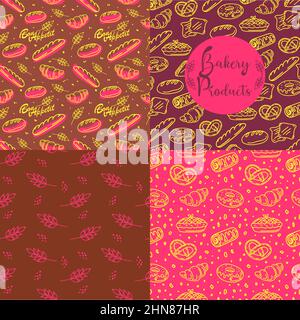 Set of backgrounds from bakery products. Bright colors. Various options for rolls and breads. Vector in flat style Stock Vector