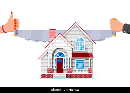 Two Handed Saw Cuts House in Half. Stock Vector