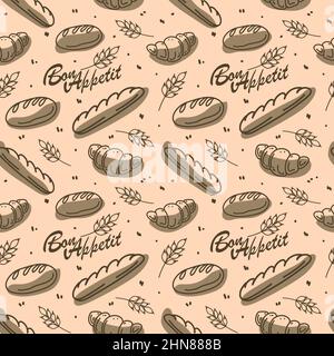 Seamless pattern of elements on a brown background. Bakery products with the inscription Bon appetit Wheat ears. Vector illustration in doodle style. Stock Vector