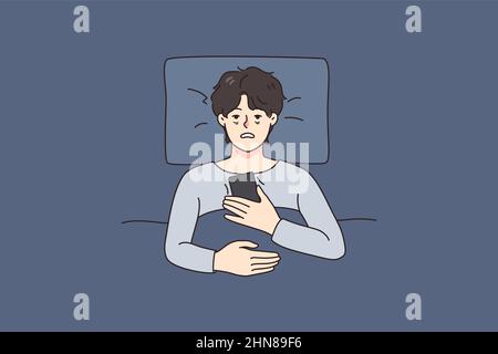 Unhappy tired man lying in bed suffer from insomnia use cellphone device. Upset exhausted guy struggle on sleepless night brose smartphone. Sleeping problem concept. Vector illustration.  Stock Vector
