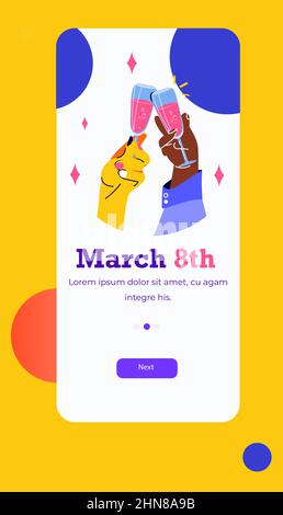 mix race hands holding glasses of champagne international happy womens day celebration concept 8th march Stock Vector