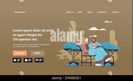 arab woman drinking coffee and using smartphone in urban park girl sitting on wooden bench landscape background Stock Vector