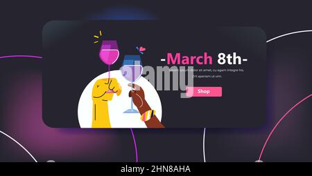 mix race hands holding glasses of champagne international happy womens day celebration concept 8th march greeting card Stock Vector