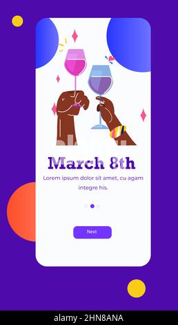 hands holding glasses of champagne international happy womens day celebration concept 8th march greeting card Stock Vector