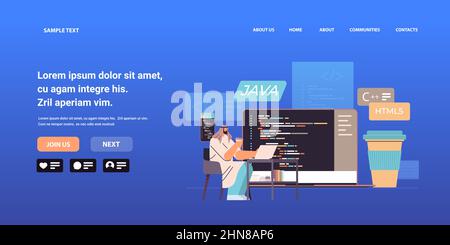 arab web developer creating program code on laptop screen development of software and programming concept Stock Vector