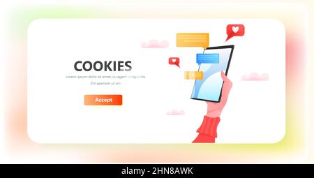 hand using smartphone protection of personal information internet web pop up we use cookies policy notification Stock Vector
