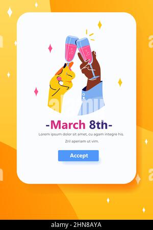 mix race hands holding glasses of champagne international happy womens day celebration concept 8th march greeting card Stock Vector
