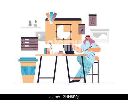 designer drawing with pen in graphic editor arabic man creating website user interface working on the design of web page Stock Vector