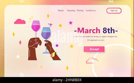 mix race hands holding glasses of champagne international happy womens day celebration concept 8th march greeting card Stock Vector