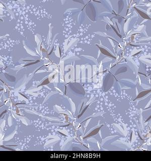 Vector floral seamless pattern in lilac tones. Floral illustration with twigs and leaves.  Stock Vector