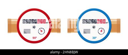 Water meter. Automatic meters for cold and warm water. Household or industrial measuring sanitary equipment in flat style. Vector illustration Stock Vector