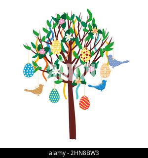 Easter Tree decorated colored eggs, birds, ribbons. Vector illstration Stock Vector