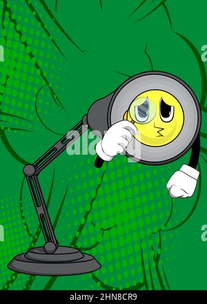 Night Table Lamp holding a magnifying glass. Office Light cartoon character with face. Stock Vector