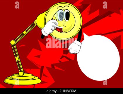 Night Table Lamp holding a magnifying glass. Office Light cartoon character with face. Stock Vector