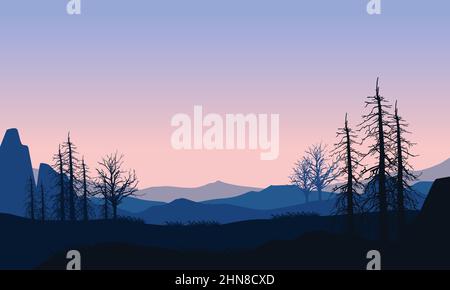A beautiful mountain view at dusk from the edge of the village with the silhouettes of dry trees around Stock Vector