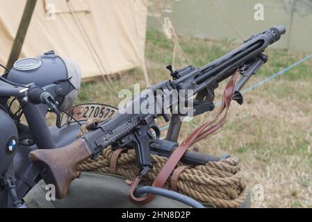 Machine Gun Of The German Army, Wehrmacht MG-42 Mounted On A BMW Motorcycle Stock Photo