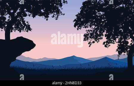 Beautiful mountain view with pine tree silhouette from the cliff edge at sunset Stock Vector