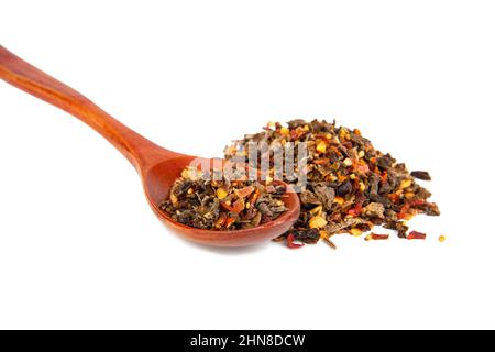 Aroma dried different spices in wooden spoon isolated on the white background Stock Photo