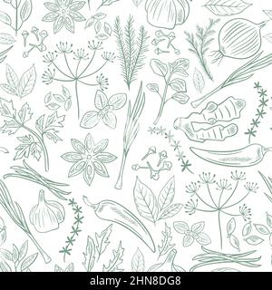 Spices and herbs hand sketch seamless pattern Stock Vector