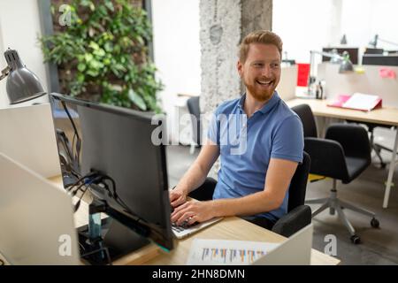 Startup business, software developer business people working on computer at modern office Stock Photo