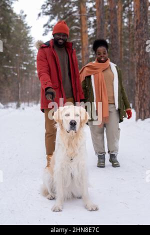 African young couple in warm clothing walking in the forest together with their dog during winter day Stock Photo