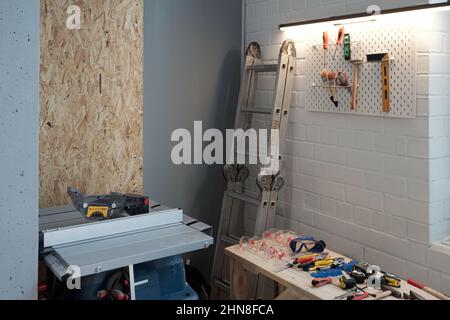 Background image of tools and equipment in garage workshop, copy space Stock Photo