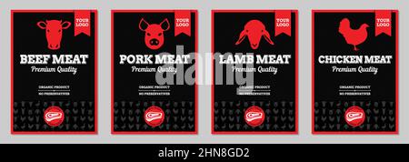 Beef, Pork, Lamb and Chicken Meat Packaging Label Design Stock Vector