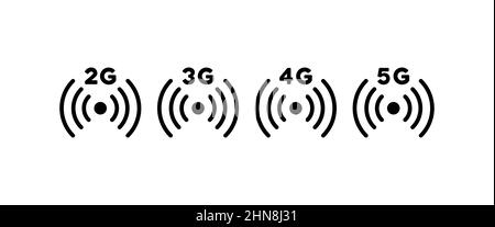 Wireless signal icon set. 2g 3g 4g 5g mobile communication technology. Vector on isolated white background. EPS 10. Stock Vector