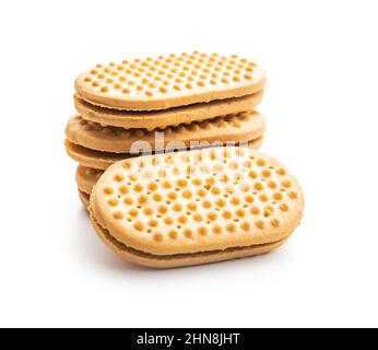 Sweet sandvich cookies. Biscuits with cocoa filling isolated on white background. Stock Photo