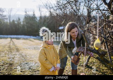 Boy with Down syndrome with his mother hanging birdhouse in garden in winter together. Stock Photo