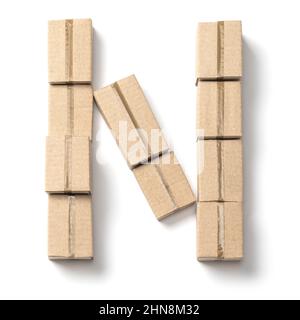Letter N. Alphabet from cardboard boxes for delivery isolated on white background. Stock Photo