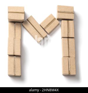 Letter M. Alphabet from cardboard boxes for delivery isolated on white background. Stock Photo