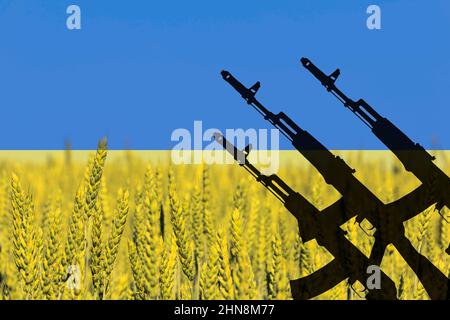 Toned background of the flag of Ukraine with the silhouette of an AK-74 Kalashnikov assault rifle against a wheat field with the sky Stock Photo