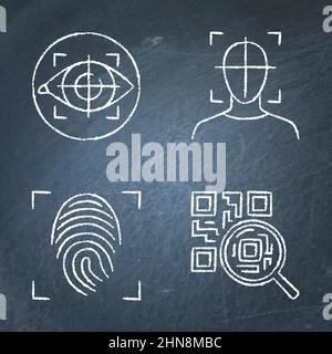 Biometric scan and QR code icon set on chalkboard. Vector illustration. Stock Vector